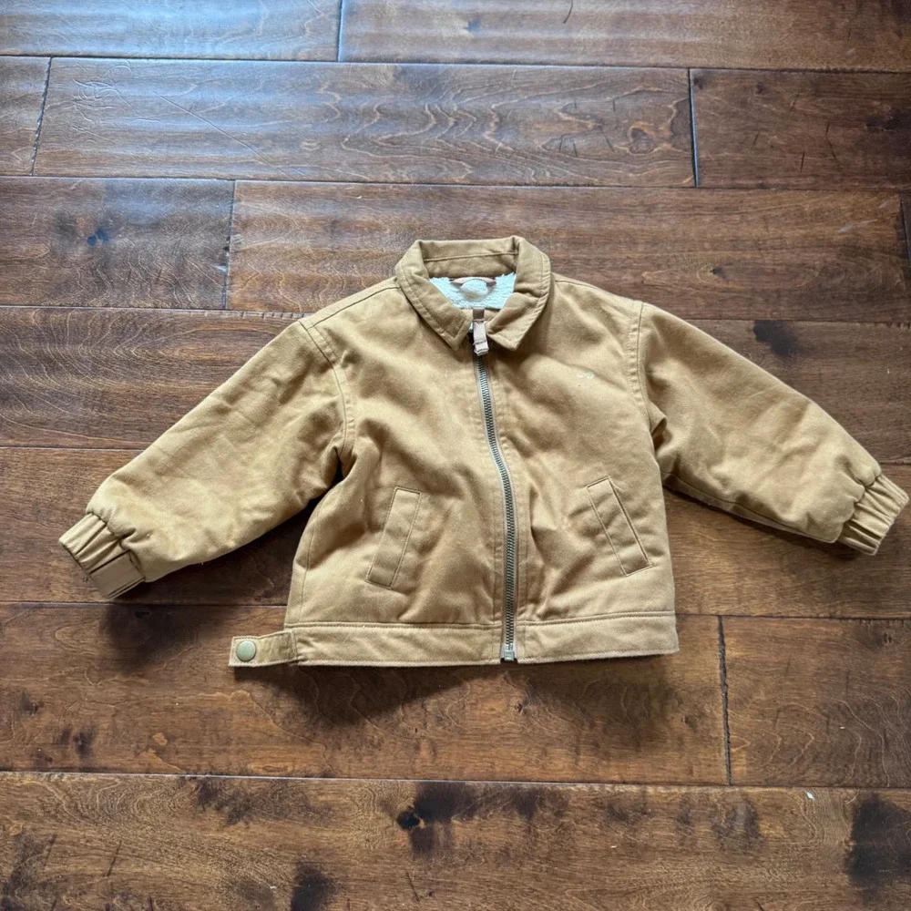 Cat & Jack Toddler Boys Tan Canvas Work Jacket Sherpa Lined Brown 12M
